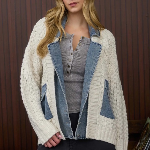 NWT Mixed Media Cable Knit Denim Trim Jacket - Picture 1 of 6